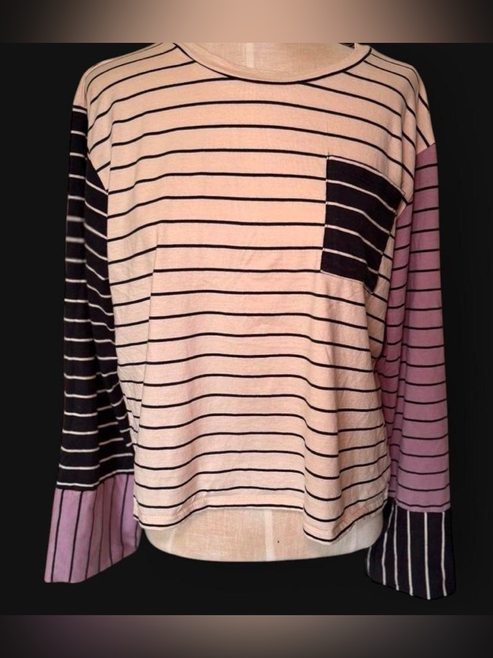 Chaser brand Striped Pocket Long Sleeve Top in Cream, Black & Lilac